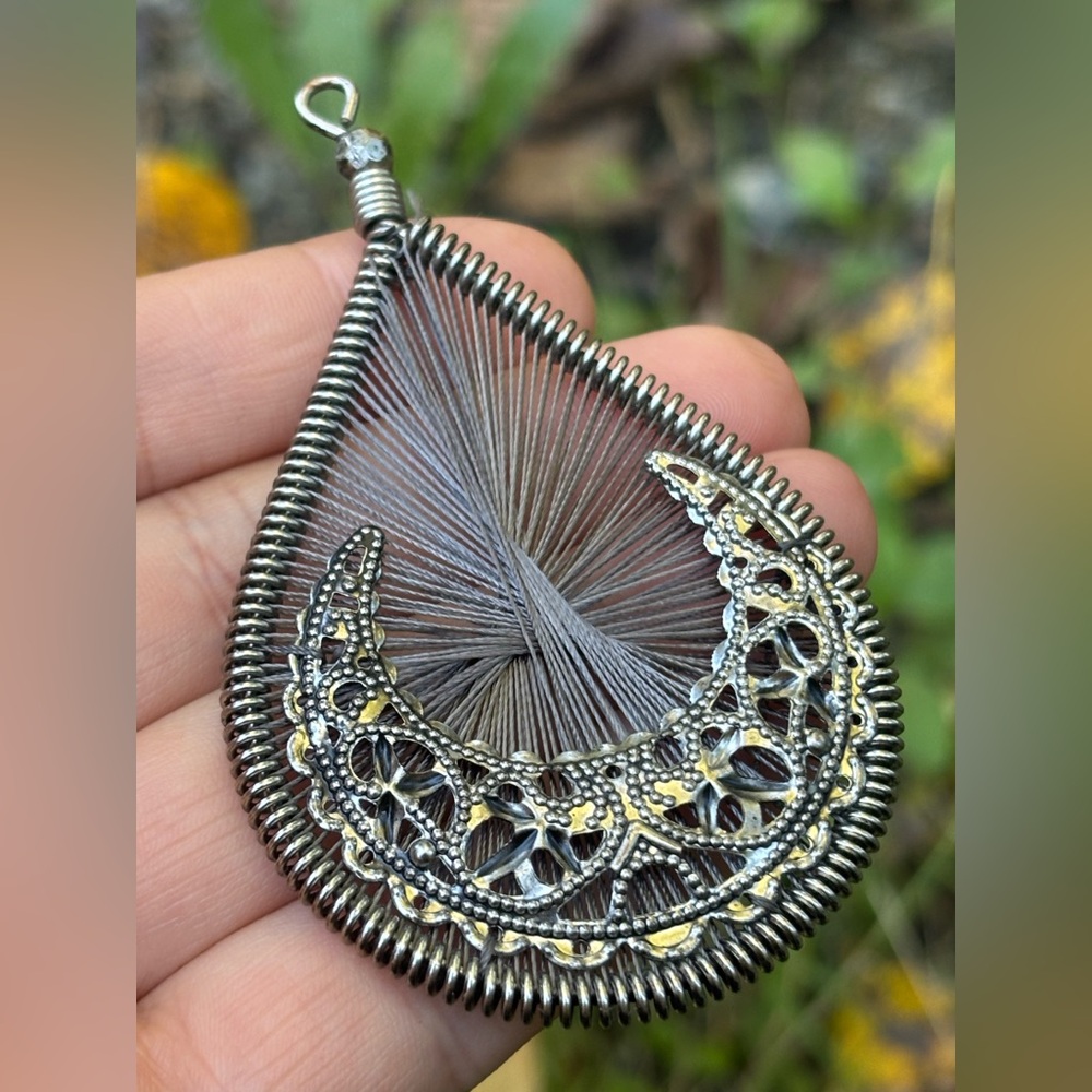 LARGE Silver Tone Intricate Crescent Moon and Gray Threaded Teardrop Pendant